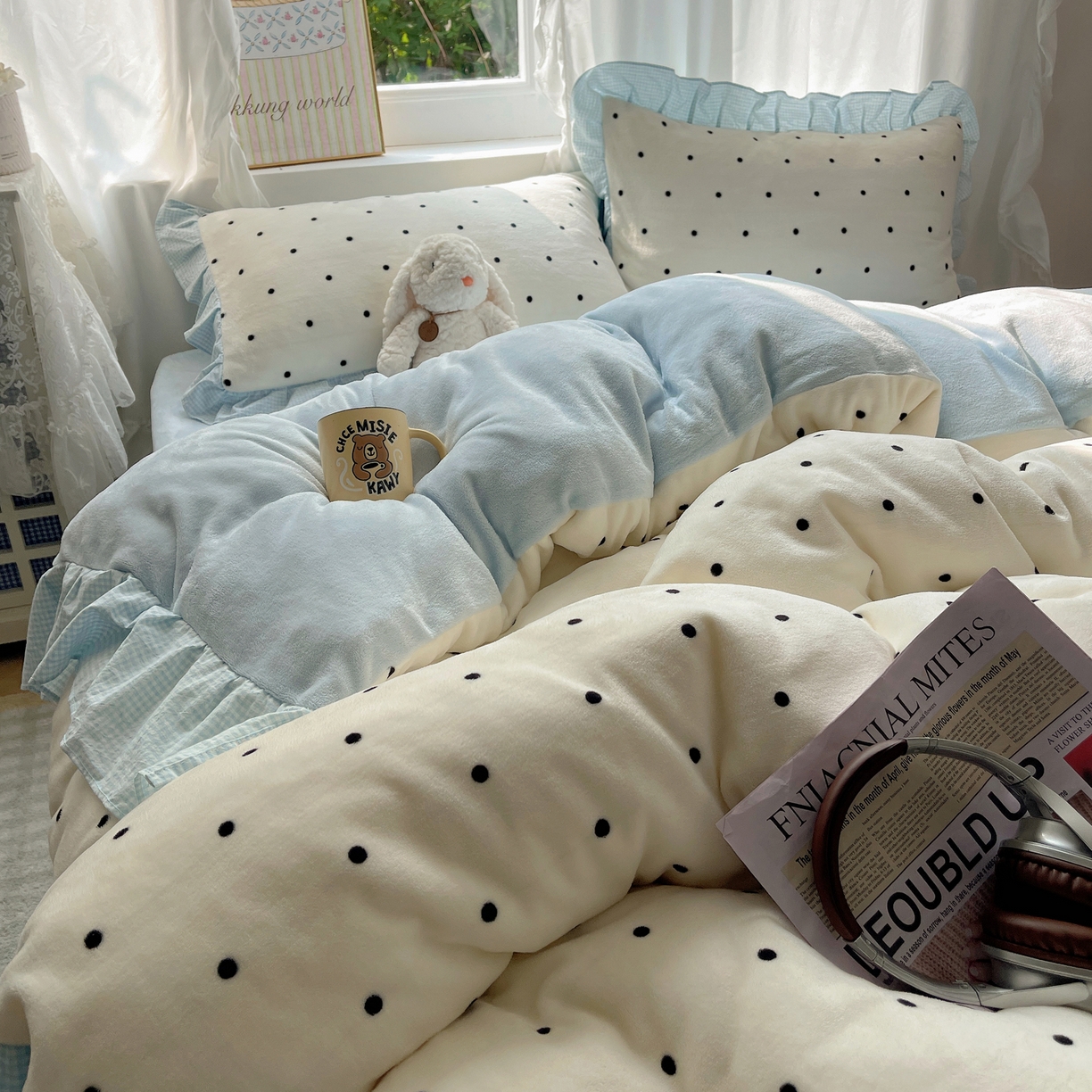 91家纺网 家纺一手货源 找家纺 丽涵家纺 2025秋冬新品韩系牛奶绒波点小格子花边四件套 奶油波点-天蓝