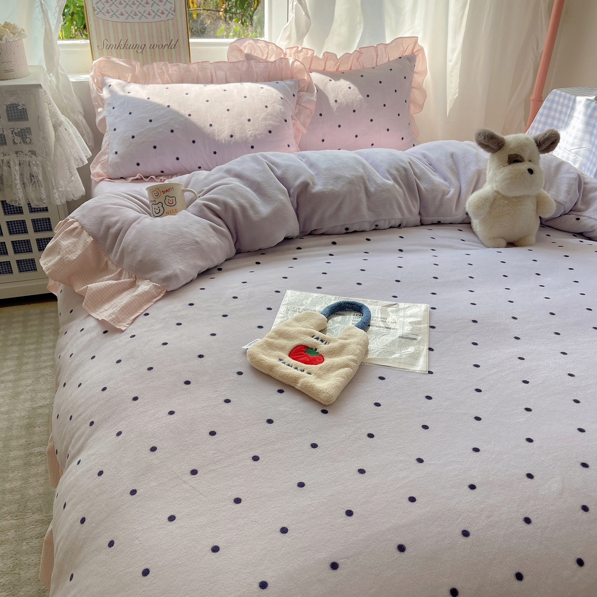 91家纺网 家纺一手货源 找家纺 丽涵家纺 2025秋冬新品韩系牛奶绒波点小格子花边四件套 奶油波点-香芋紫