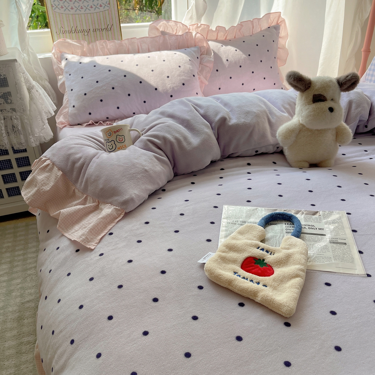 91家纺网 家纺一手货源 找家纺 丽涵家纺 2025秋冬新品韩系牛奶绒波点小格子花边四件套 奶油波点-香芋紫