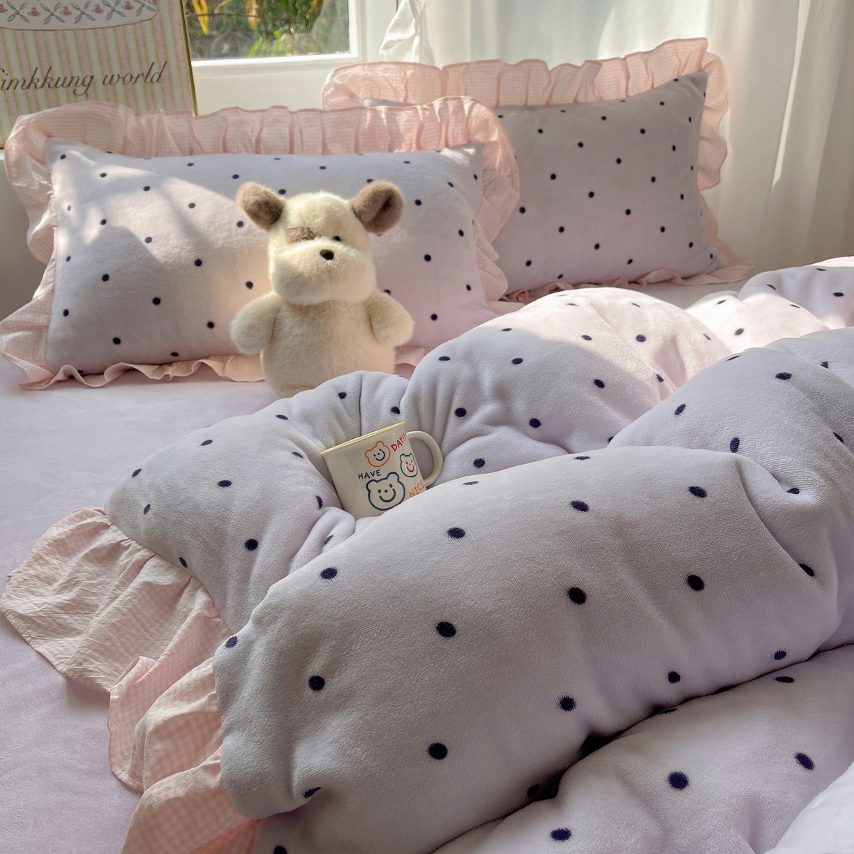 91家纺网 家纺一手货源 找家纺 丽涵家纺 2025秋冬新品韩系牛奶绒波点小格子花边四件套 奶油波点-香芋紫