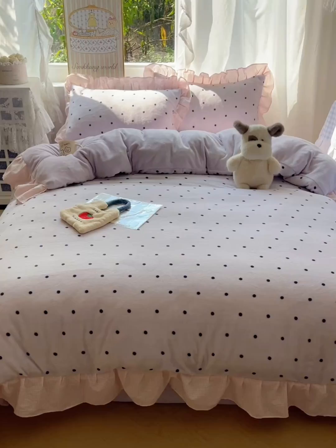 91家纺网 家纺一手货源 找家纺 丽涵家纺 2025秋冬新品韩系牛奶绒波点小格子花边四件套 奶油波点-香芋紫