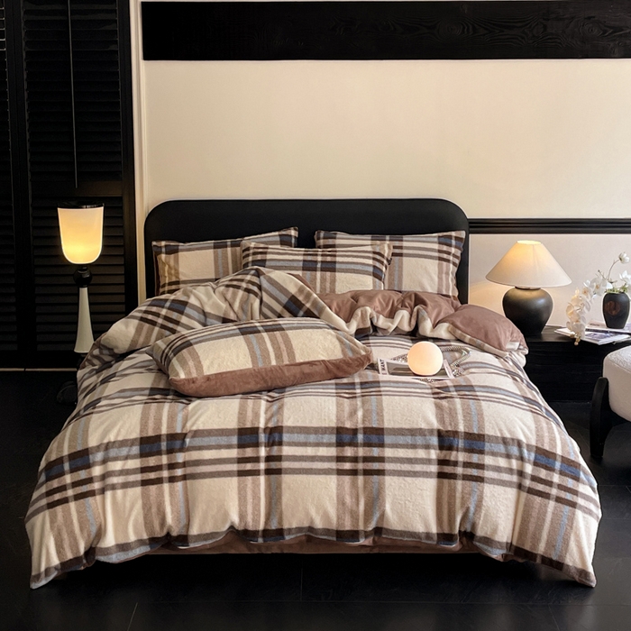 91家纺网 家纺一手货源 找家纺 宜代光年 2025新款澳羊绒保暖四件套 咖啡白格