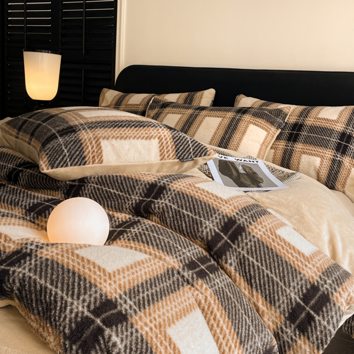 91家纺网 家纺一手货源 找家纺 宜代光年 2025新款澳羊绒保暖四件套 美拉德灰棕格