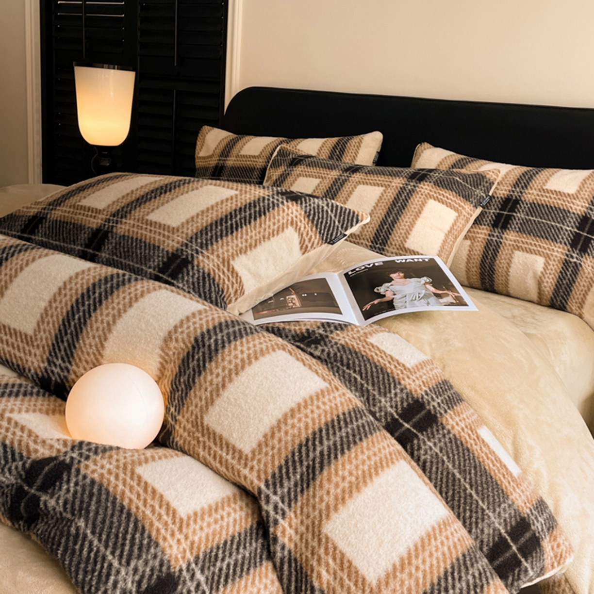 91家纺网 家纺一手货源 找家纺 宜代光年 2025新款澳羊绒保暖四件套 美拉德灰棕格