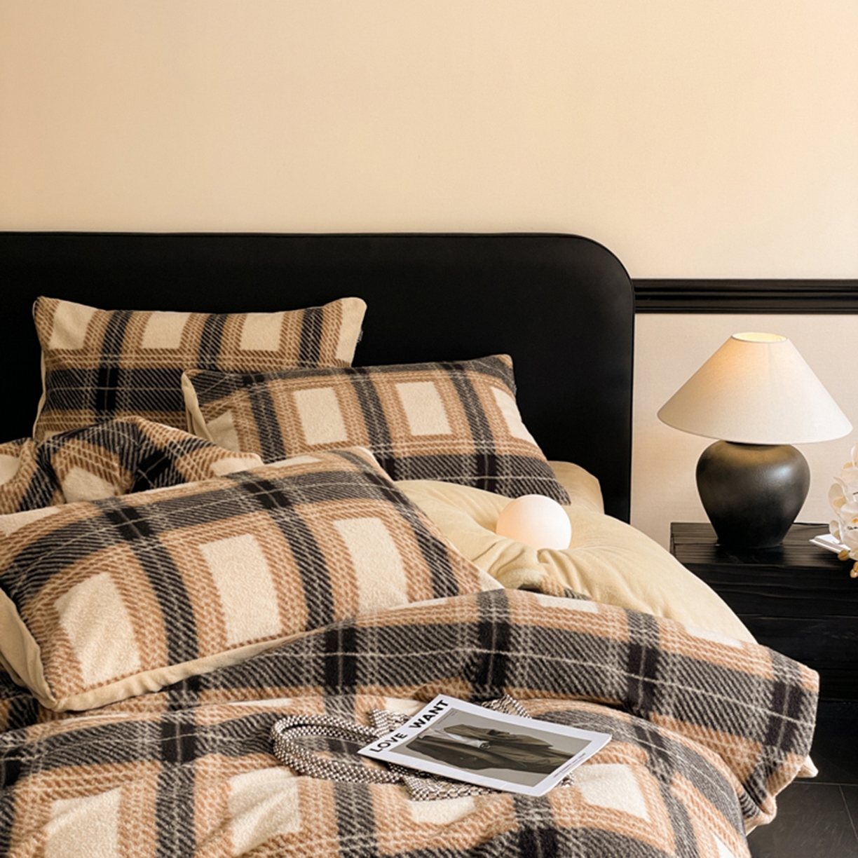 91家纺网 家纺一手货源 找家纺 宜代光年 2025新款澳羊绒保暖四件套 美拉德灰棕格