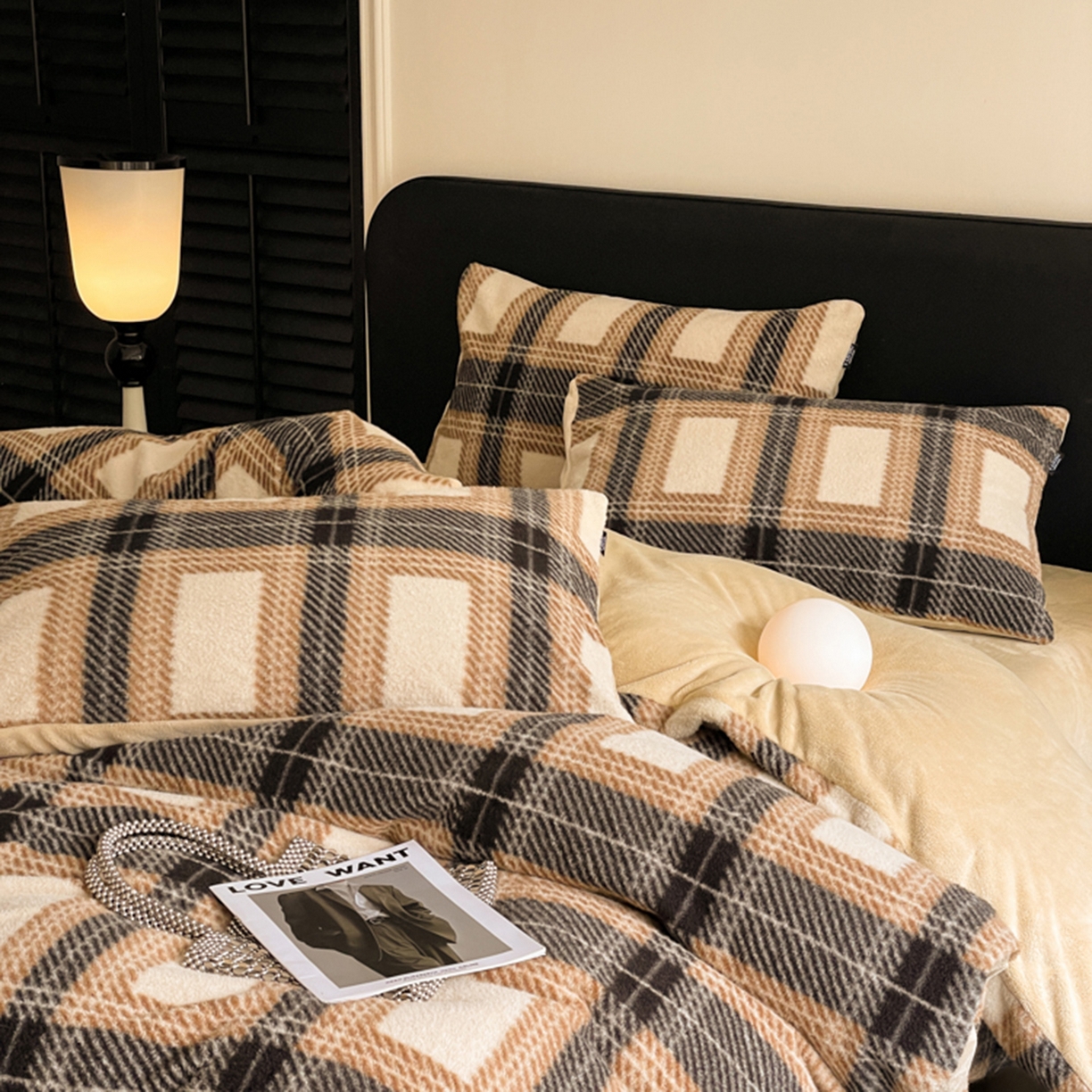 91家纺网 家纺一手货源 找家纺 宜代光年 2025新款澳羊绒保暖四件套 美拉德灰棕格