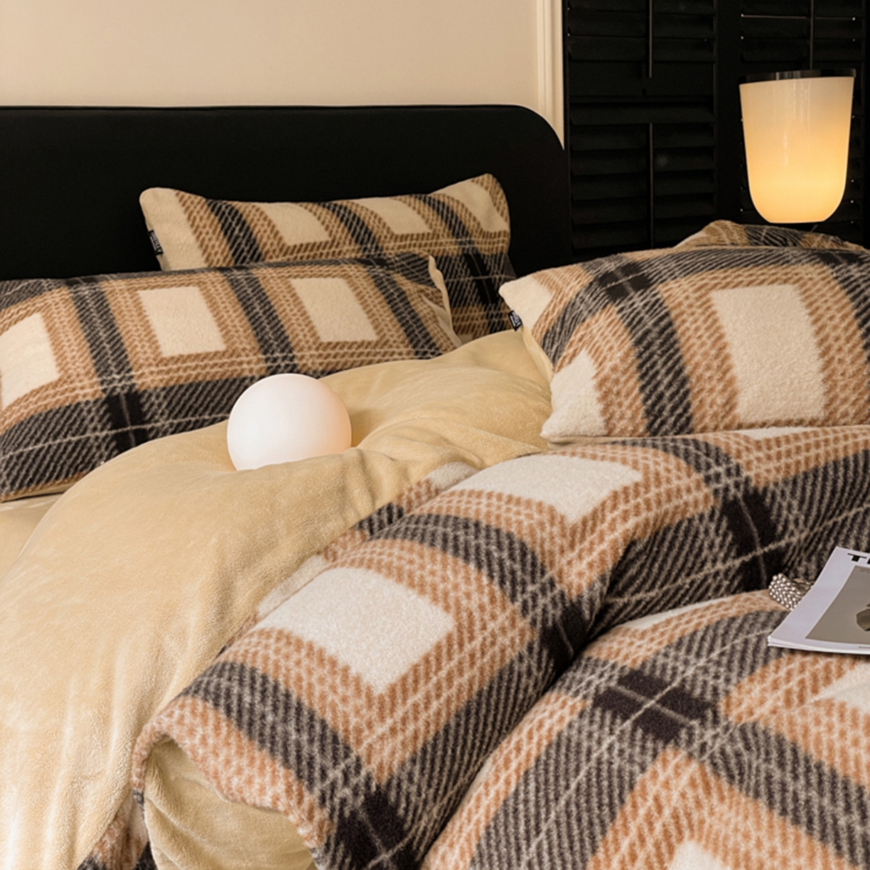 91家纺网 家纺一手货源 找家纺 宜代光年 2025新款澳羊绒保暖四件套 美拉德灰棕格