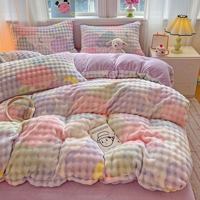 91家纺网 家纺一手货源 找家纺 （总）一比一 2025新款亲肤舒适保暖泡泡绒牛奶绒四件套