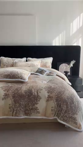 91家纺网 家纺一手货源 找家纺 诺梵2025新款牛8斤奶绒印花包边四件套草木鸣