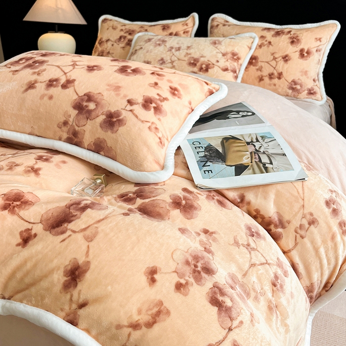 诺梵2025新款牛8斤奶绒印花包边四件套枝槿-咖