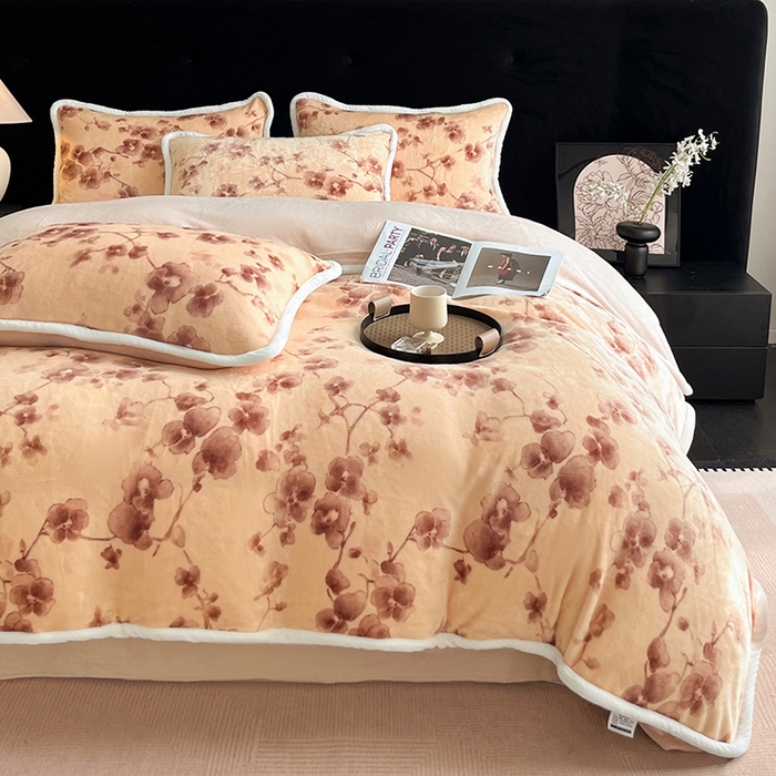 91家纺网 家纺一手货源 找家纺 诺梵2025新款牛8斤奶绒印花包边四件套枝槿-咖