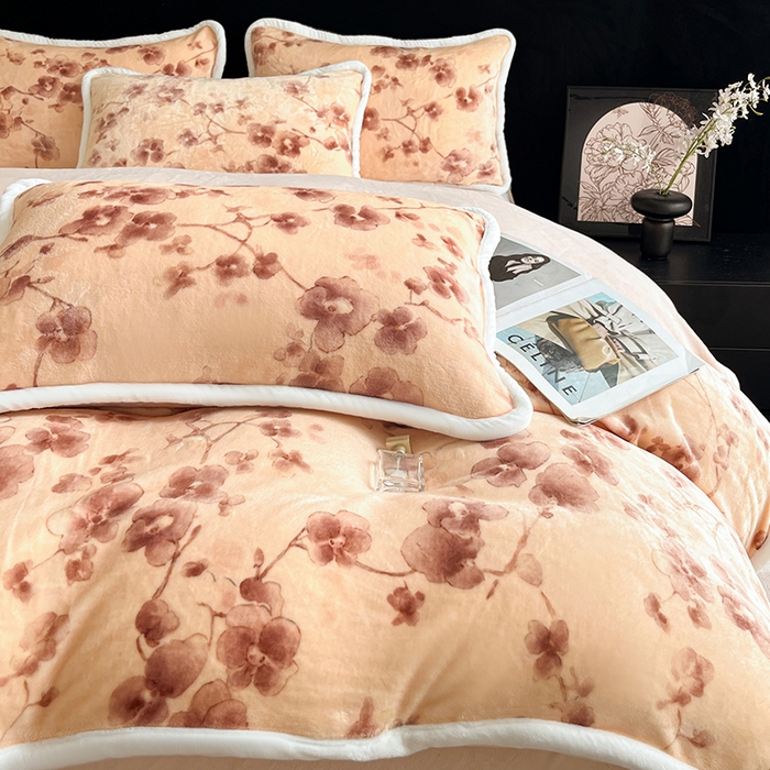 91家纺网 家纺一手货源 找家纺 诺梵2025新款牛8斤奶绒印花包边四件套枝槿-咖