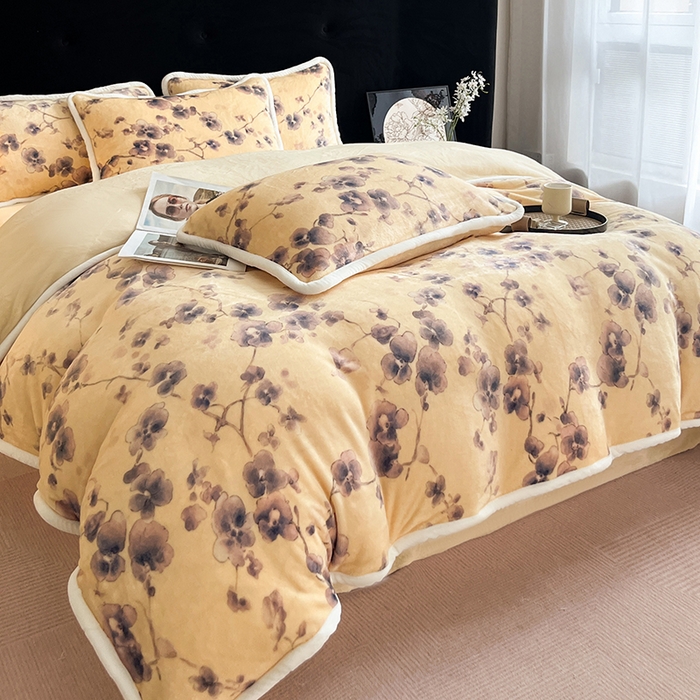 91家纺网 家纺一手货源 找家纺 诺梵2025新款牛8斤奶绒印花包边四件套枝槿-蓝