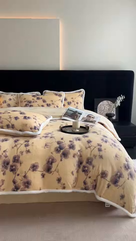 91家纺网 家纺一手货源 找家纺 诺梵2025新款牛8斤奶绒印花包边四件套枝槿-蓝