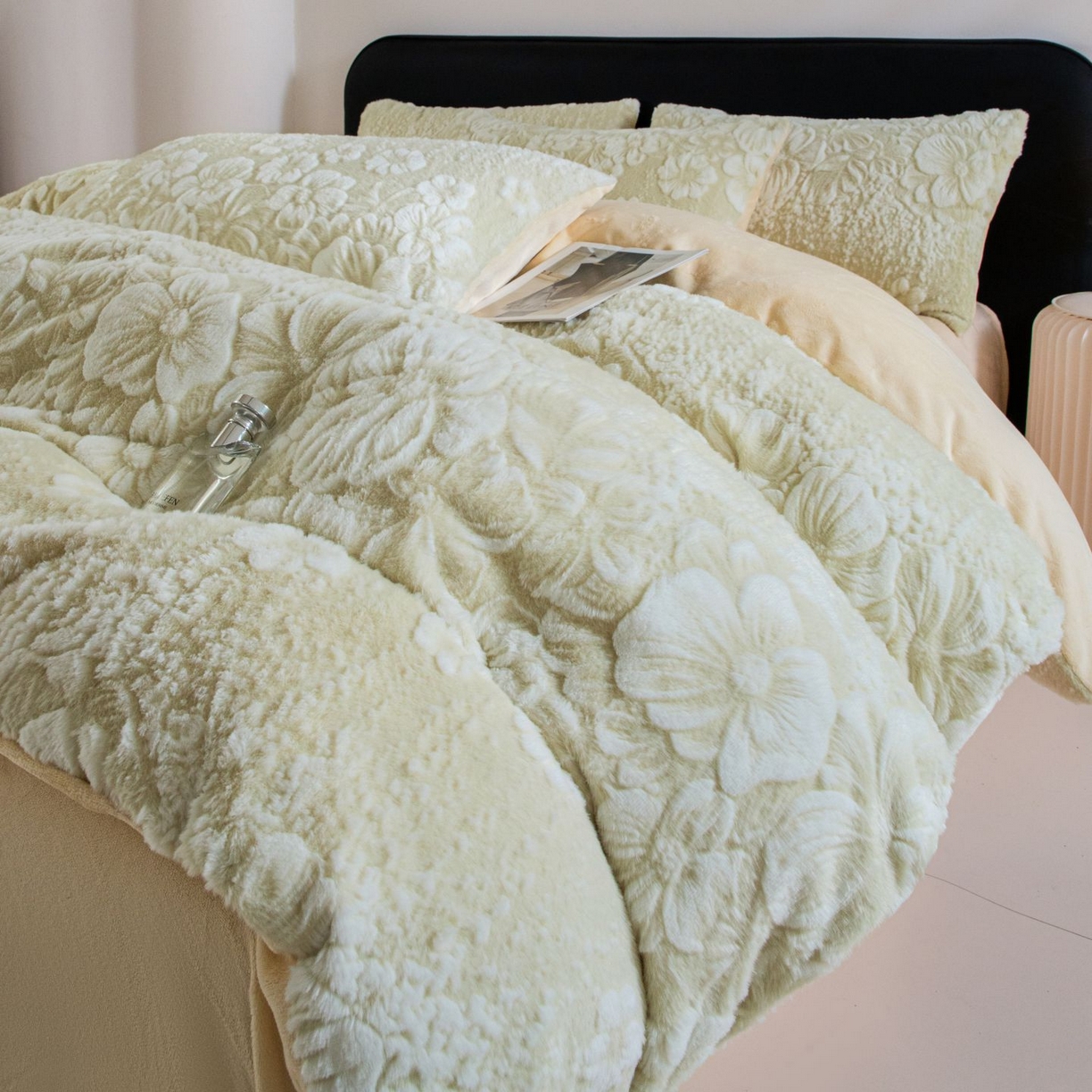 91家纺网 家纺一手货源 找家纺 诺梵家纺 2025新款立体兔毛烂花四件套 伊莎-绿