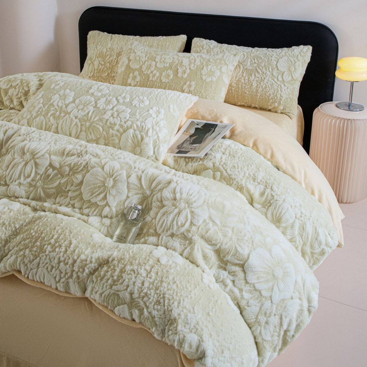 91家纺网 家纺一手货源 找家纺 诺梵家纺 2025新款立体兔毛烂花四件套 伊莎-绿