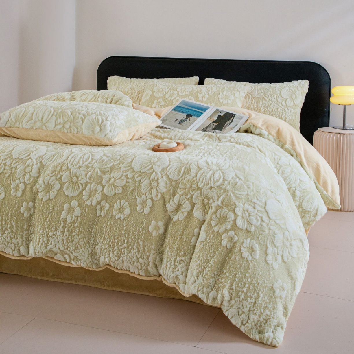 91家纺网 家纺一手货源 找家纺 诺梵家纺 2025新款立体兔毛烂花四件套 伊莎-绿