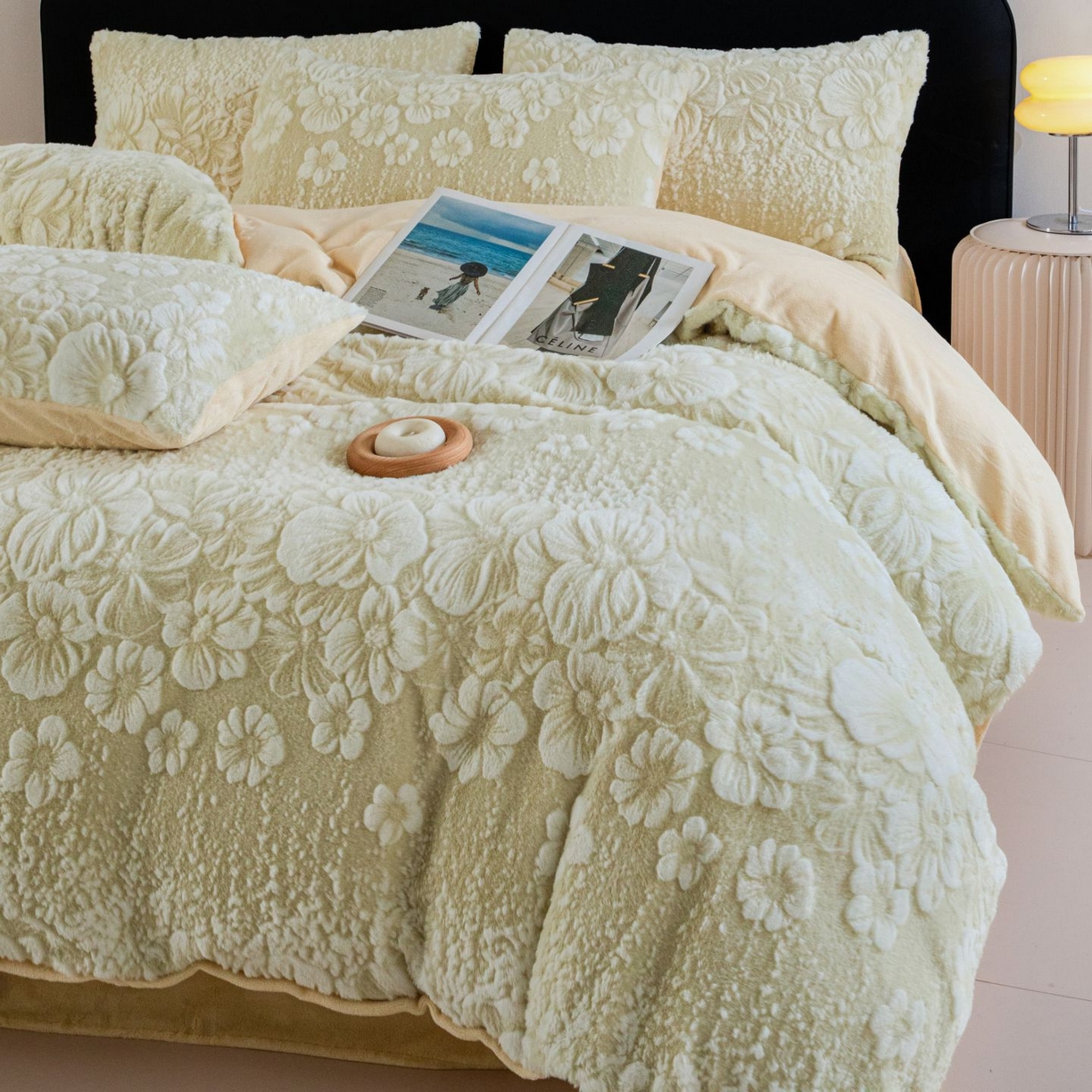 91家纺网 家纺一手货源 找家纺 诺梵家纺 2025新款立体兔毛烂花四件套 伊莎-绿