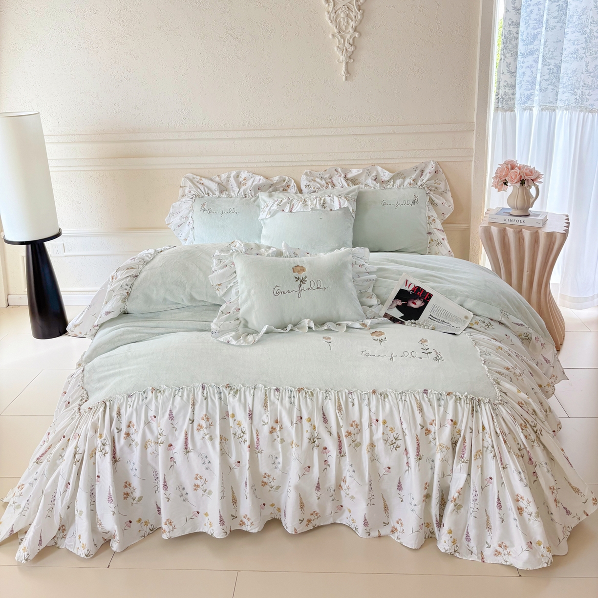 FORTWO家纺原创设计（FOR TWO家纺） 2025新款230克牛奶绒绣花法式花边款四件套 兰庭序-绿