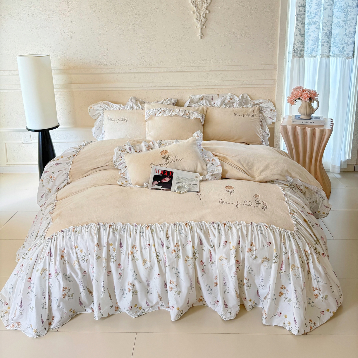 FORTWO家纺原创设计（FOR TWO家纺） 2025新款230克牛奶绒绣花法式花边款四件套 兰庭序-米白