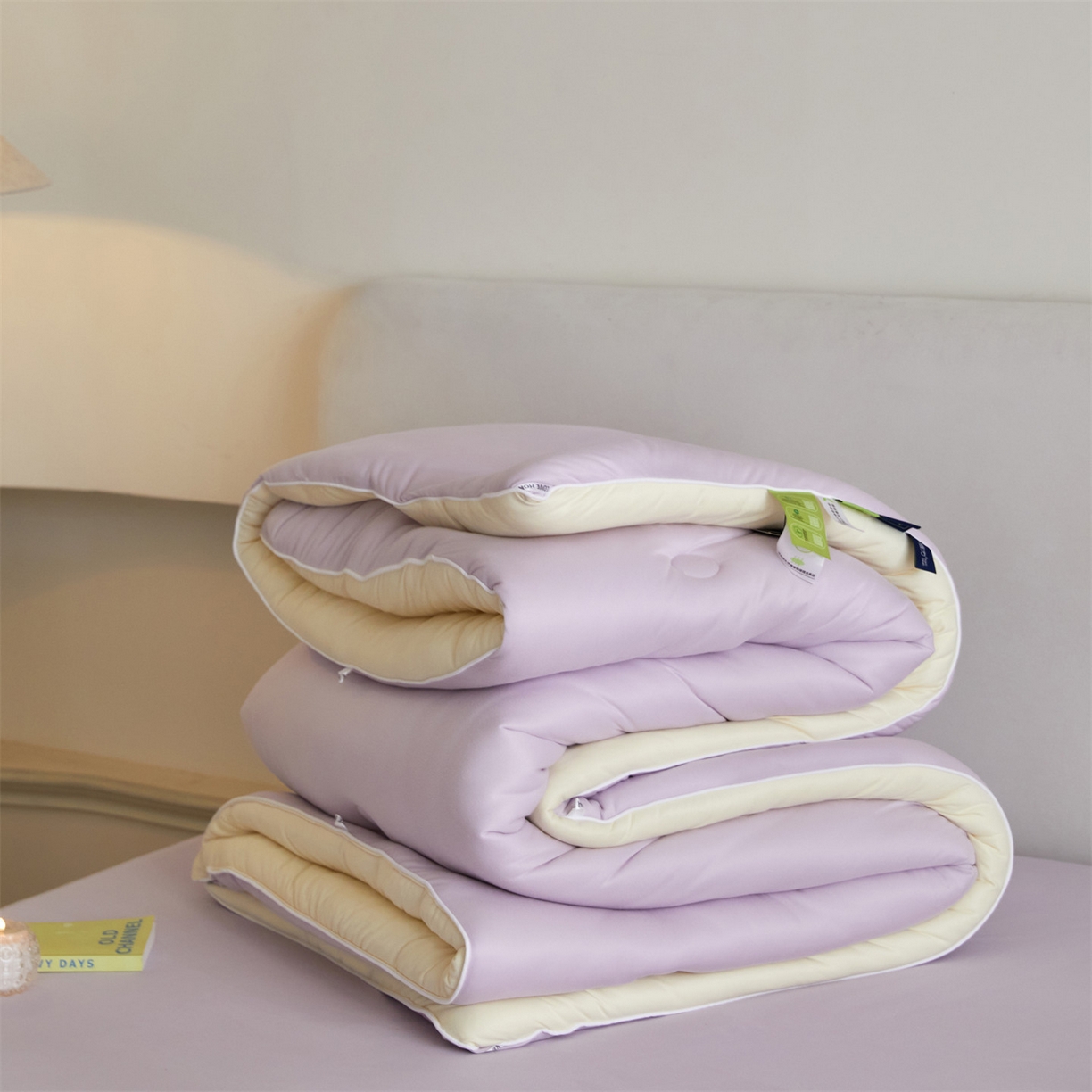 91家纺网 家纺一手货源 找家纺 头等舱 2025新款针织A类软糯净植力抗菌防螨防霉低致敏双拼秋冬被（空镜图） 浅紫+奶黄