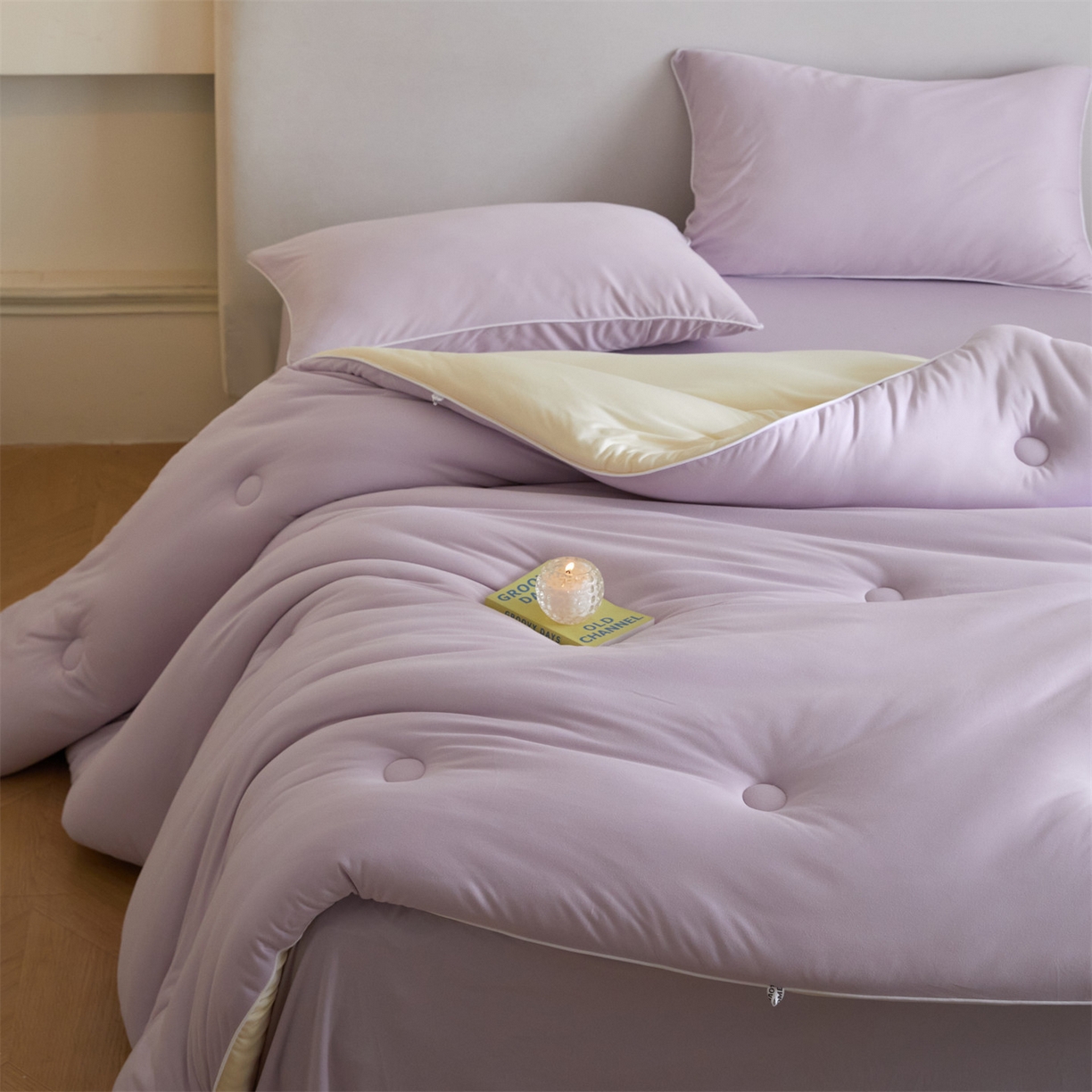 91家纺网 家纺一手货源 找家纺 头等舱 2025新款针织A类软糯净植力抗菌防螨防霉低致敏双拼秋冬被（空镜图） 浅紫+奶黄