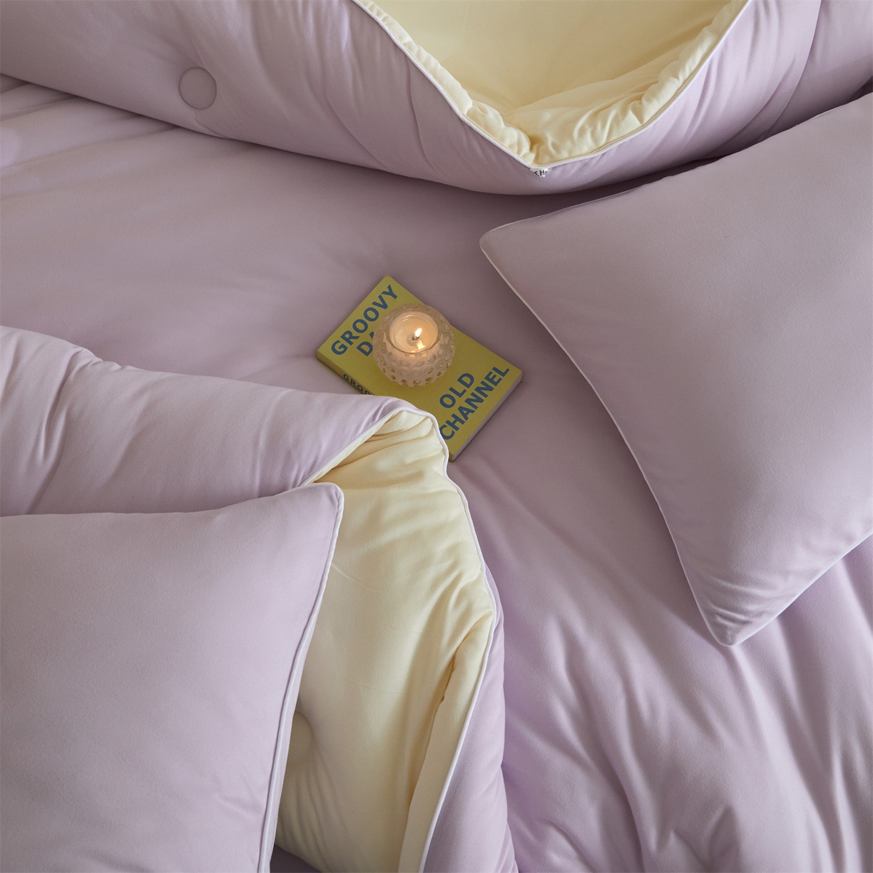 91家纺网 家纺一手货源 找家纺 头等舱 2025新款针织A类软糯净植力抗菌防螨防霉低致敏双拼秋冬被（空镜图） 浅紫+奶黄