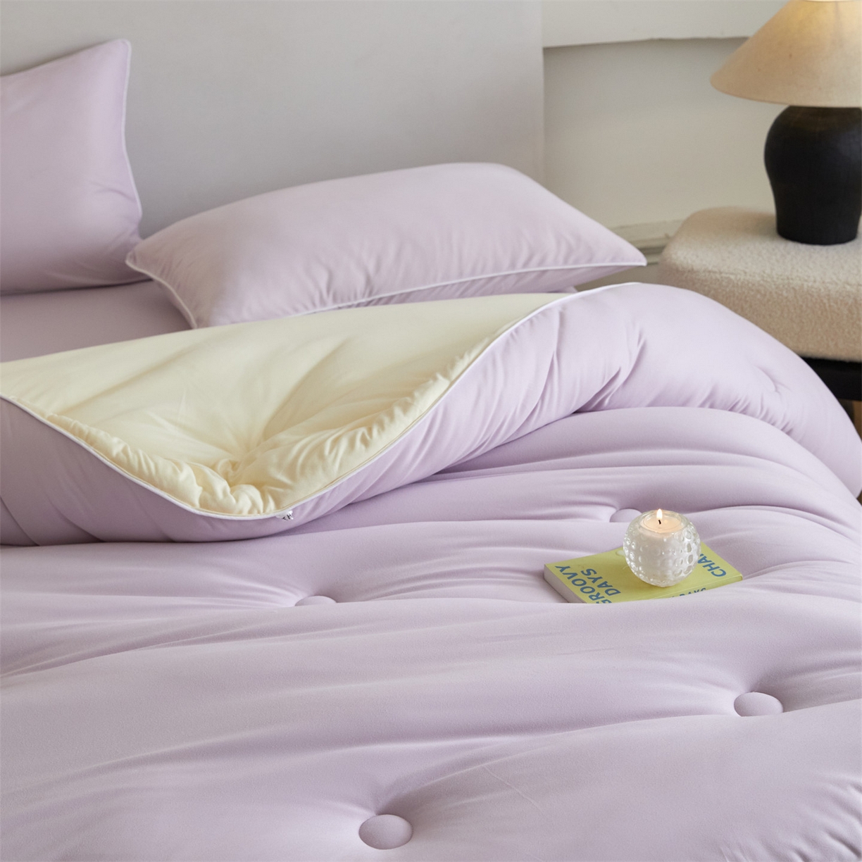 91家纺网 家纺一手货源 找家纺 头等舱 2025新款针织A类软糯净植力抗菌防螨防霉低致敏双拼秋冬被（空镜图） 浅紫+奶黄