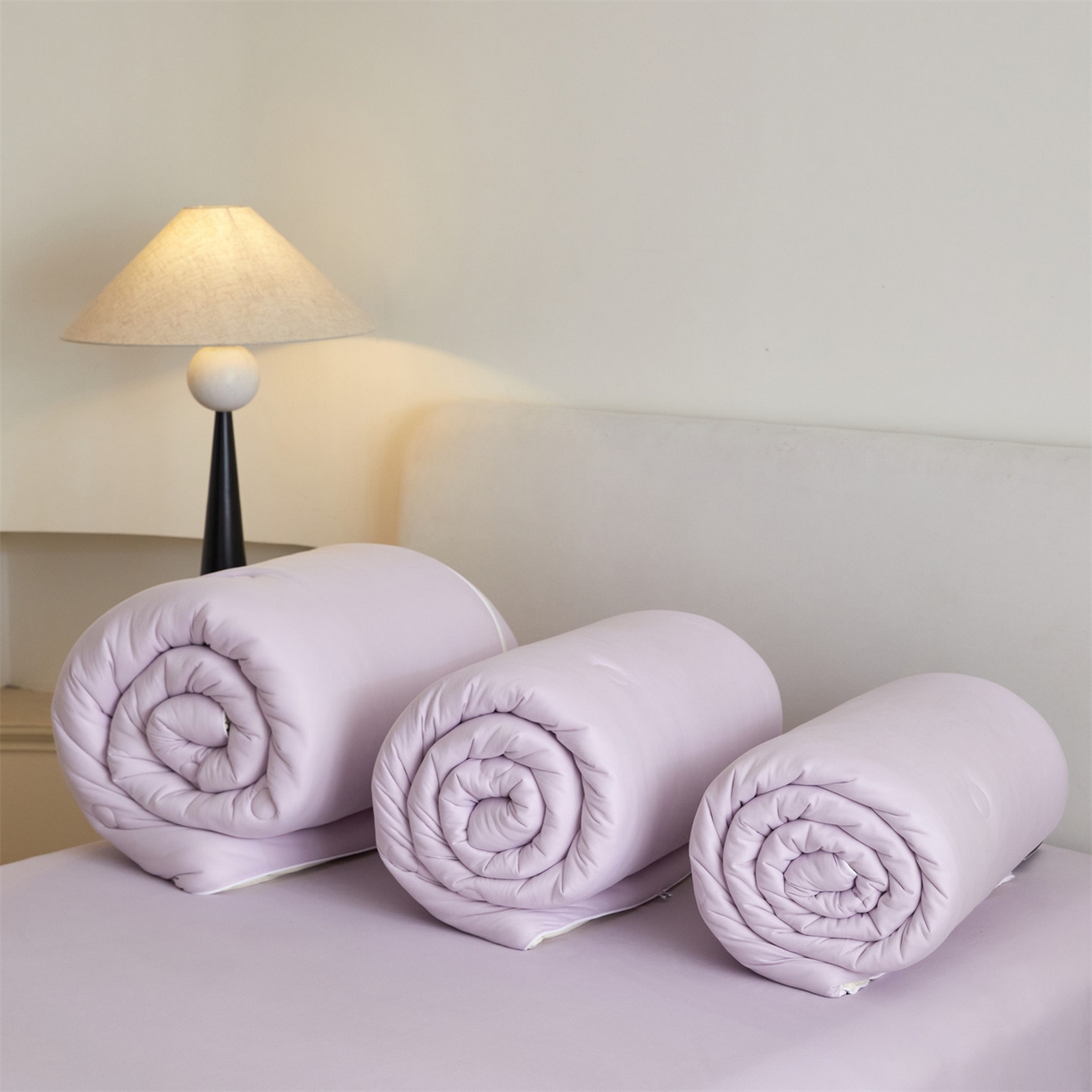 91家纺网 家纺一手货源 找家纺 头等舱 2025新款针织A类软糯净植力抗菌防螨防霉低致敏双拼秋冬被（空镜图） 浅紫+奶黄