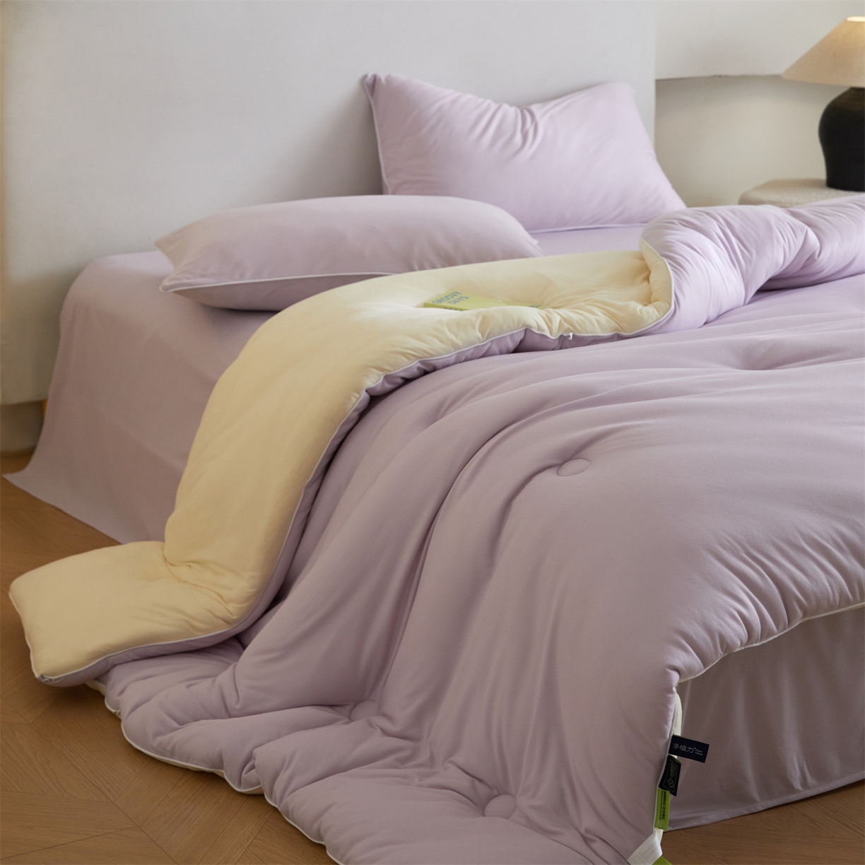91家纺网 家纺一手货源 找家纺 头等舱 2025新款针织A类软糯净植力抗菌防螨防霉低致敏双拼秋冬被（空镜图） 浅紫+奶黄