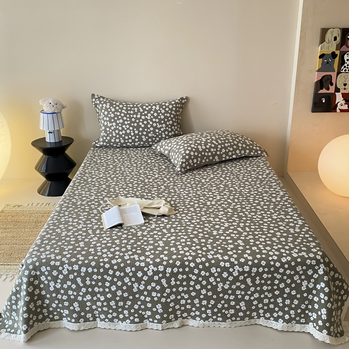 麻依 2025新款安心棉四层纱布床盖三件套 梅屿-绿