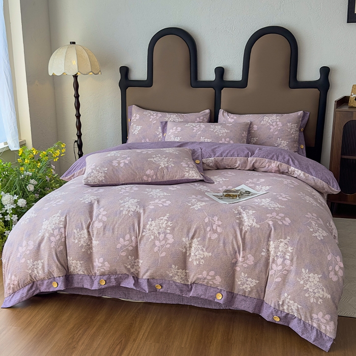 91家纺网 家纺一手货源 找家纺 丝芙妮家居（原乐视家纺） 2025新款原麻纽扣款四件套 花畔呢喃·纽扣款