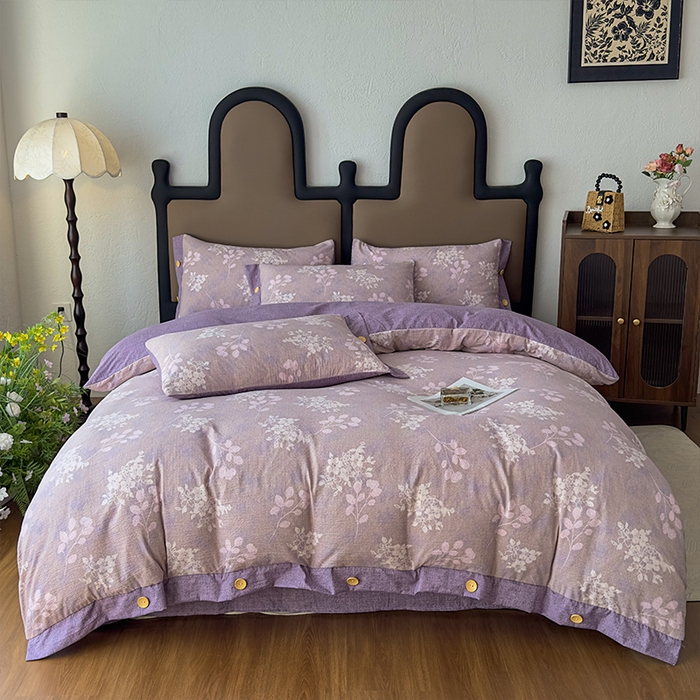 91家纺网 家纺一手货源 找家纺 丝芙妮家居（原乐视家纺） 2025新款原麻纽扣款四件套 花畔呢喃·纽扣款