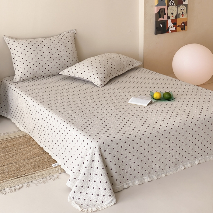 91家纺网 家纺一手货源 找家纺 麻依 2025新款安心棉四层纱布床盖三件套 小波点