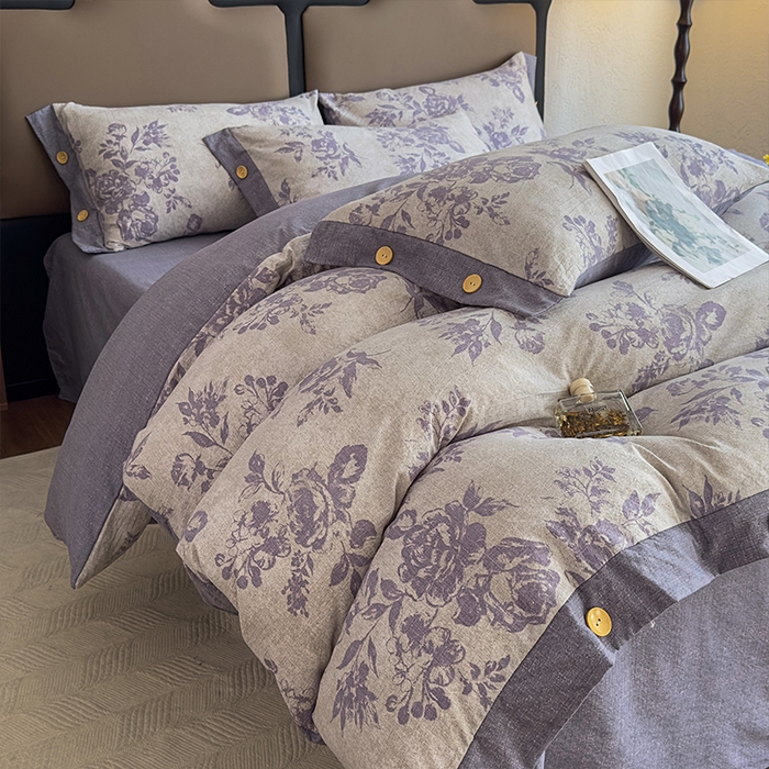 91家纺网 家纺一手货源 找家纺 丝芙妮家居（原乐视家纺） 2025新款原麻纽扣款四件套 梦幻花园·纽扣款