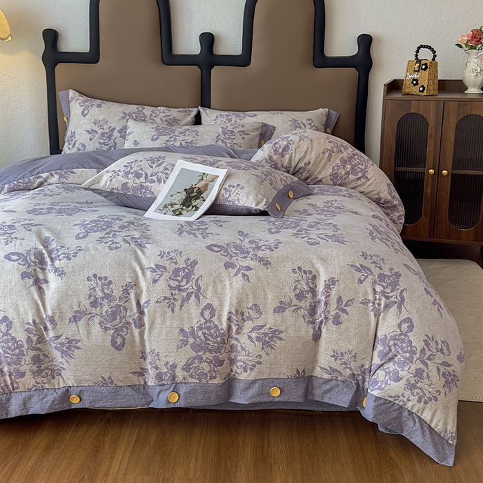 91家纺网 家纺一手货源 找家纺 丝芙妮家居（原乐视家纺） 2025新款原麻纽扣款四件套 梦幻花园·纽扣款