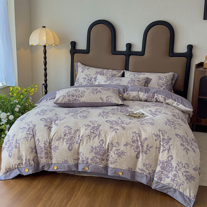 91家纺网 家纺一手货源 找家纺 丝芙妮家居（原乐视家纺） 2025新款原麻纽扣款四件套 梦幻花园·纽扣款