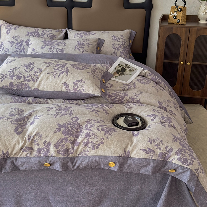 91家纺网 家纺一手货源 找家纺 丝芙妮家居（原乐视家纺） 2025新款原麻纽扣款四件套 梦幻花园·纽扣款