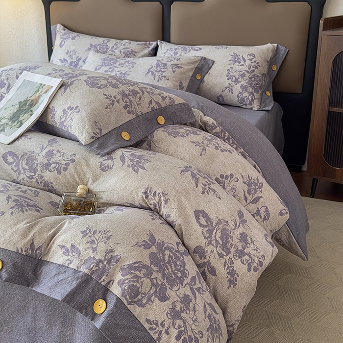 91家纺网 家纺一手货源 找家纺 丝芙妮家居（原乐视家纺） 2025新款原麻纽扣款四件套 梦幻花园·纽扣款