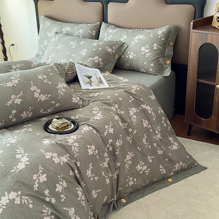 91家纺网 家纺一手货源 找家纺 丝芙妮家居（原乐视家纺） 2025新款原麻纽扣款四件套 清水欢·纽扣款