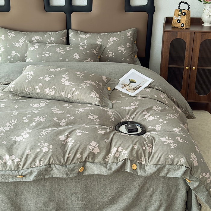 91家纺网 家纺一手货源 找家纺 丝芙妮家居（原乐视家纺） 2025新款原麻纽扣款四件套 清水欢·纽扣款