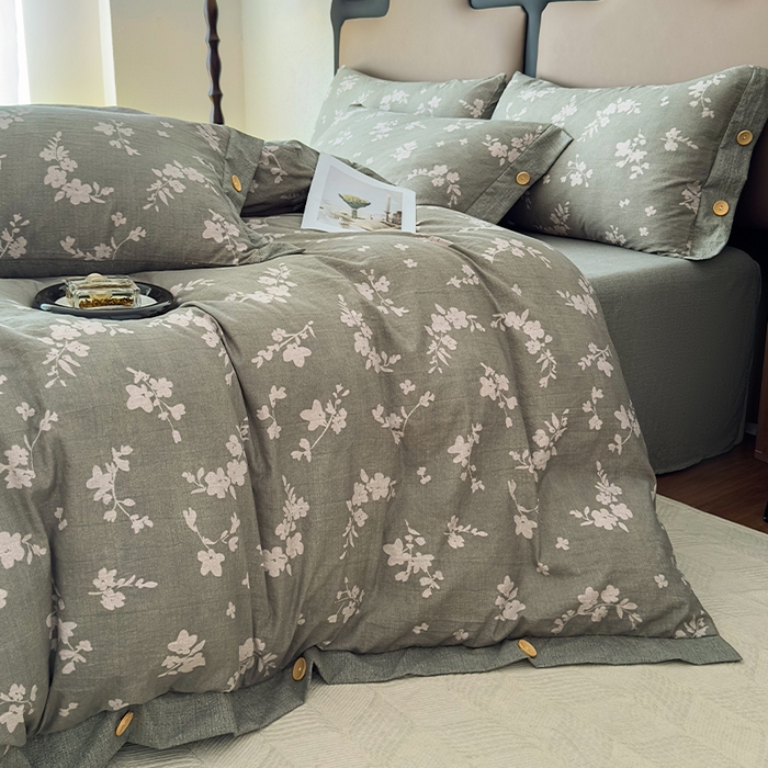 91家纺网 家纺一手货源 找家纺 丝芙妮家居（原乐视家纺） 2025新款原麻纽扣款四件套 清水欢·纽扣款