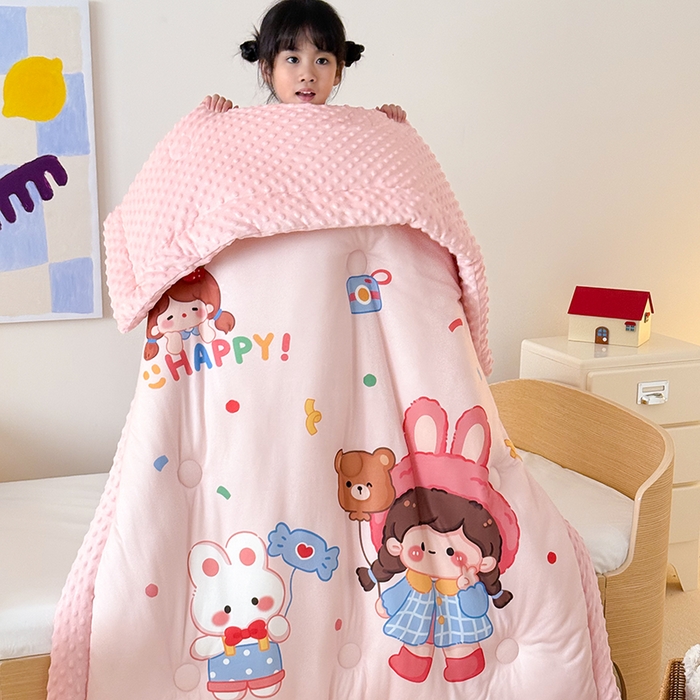 91家纺网 家纺一手货源 找家纺 嗨生活 2025新款针织棉豆豆被儿童豆豆被幼儿园豆豆被被子被芯 开心女孩