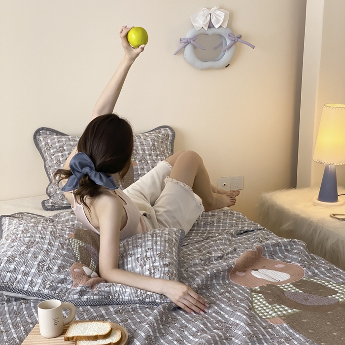 91家纺网 家纺一手货源 找家纺 （总）麻依 2025新款软萌纱布床盖三件套（控价：229元）