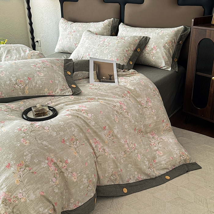 91家纺网 家纺一手货源 找家纺 丝芙妮家居（原乐视家纺） 2025新款原麻纽扣款四件套 岁月留声·纽扣款