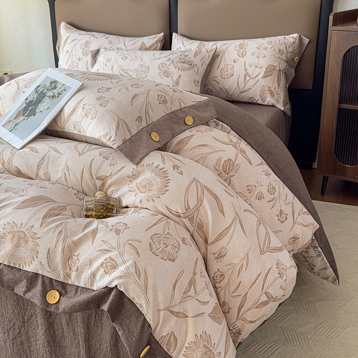 91家纺网 家纺一手货源 找家纺 丝芙妮家居（原乐视家纺） 2025新款原麻纽扣款四件套 叶新泽-咖·纽扣款