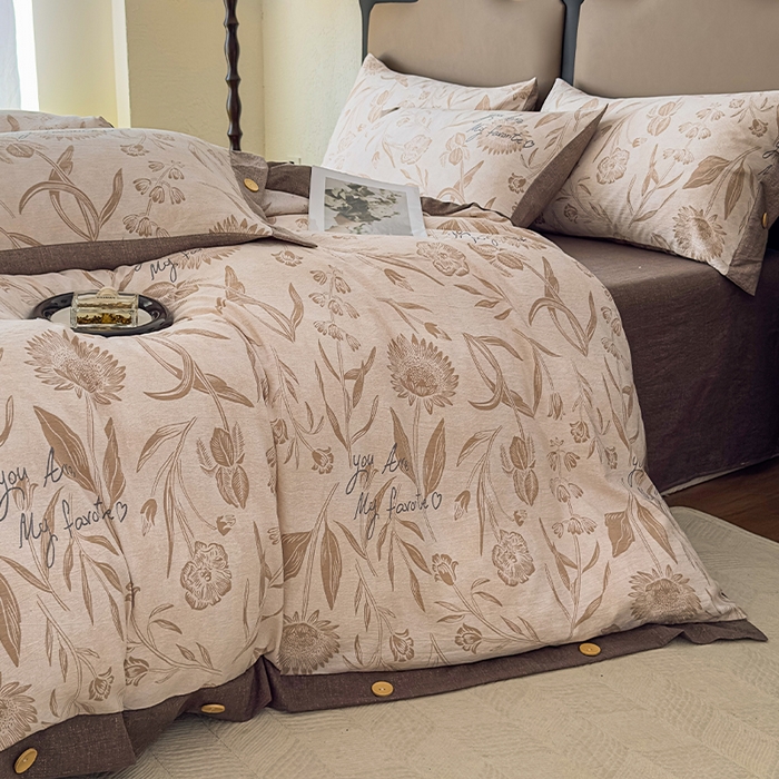 91家纺网 家纺一手货源 找家纺 丝芙妮家居（原乐视家纺） 2025新款原麻纽扣款四件套 叶新泽-咖·纽扣款