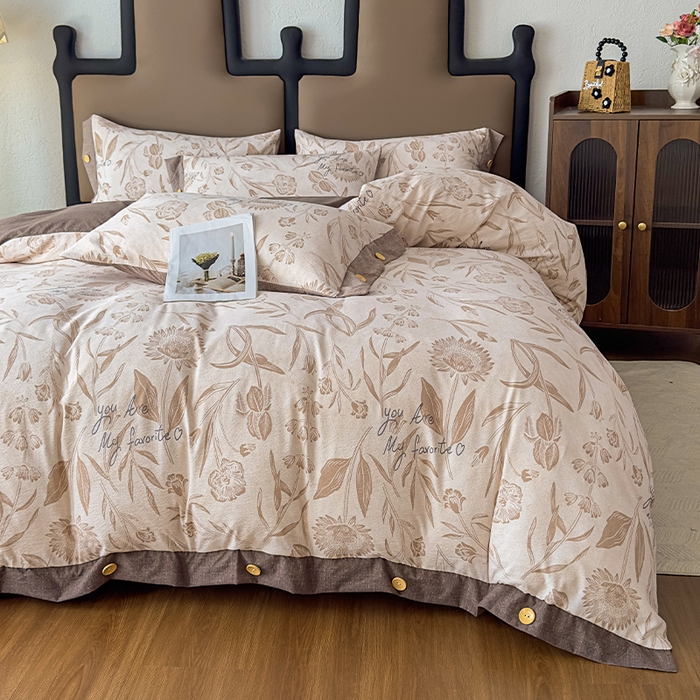 91家纺网 家纺一手货源 找家纺 丝芙妮家居（原乐视家纺） 2025新款原麻纽扣款四件套 叶新泽-咖·纽扣款