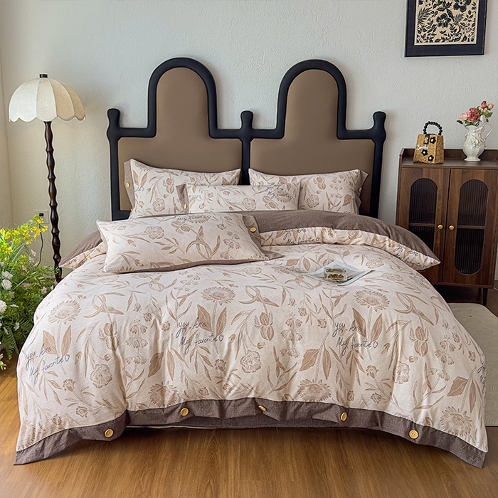 91家纺网 家纺一手货源 找家纺 丝芙妮家居（原乐视家纺） 2025新款原麻纽扣款四件套 叶新泽-咖·纽扣款