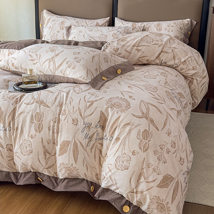 91家纺网 家纺一手货源 找家纺 丝芙妮家居（原乐视家纺） 2025新款原麻纽扣款四件套 叶新泽-咖·纽扣款